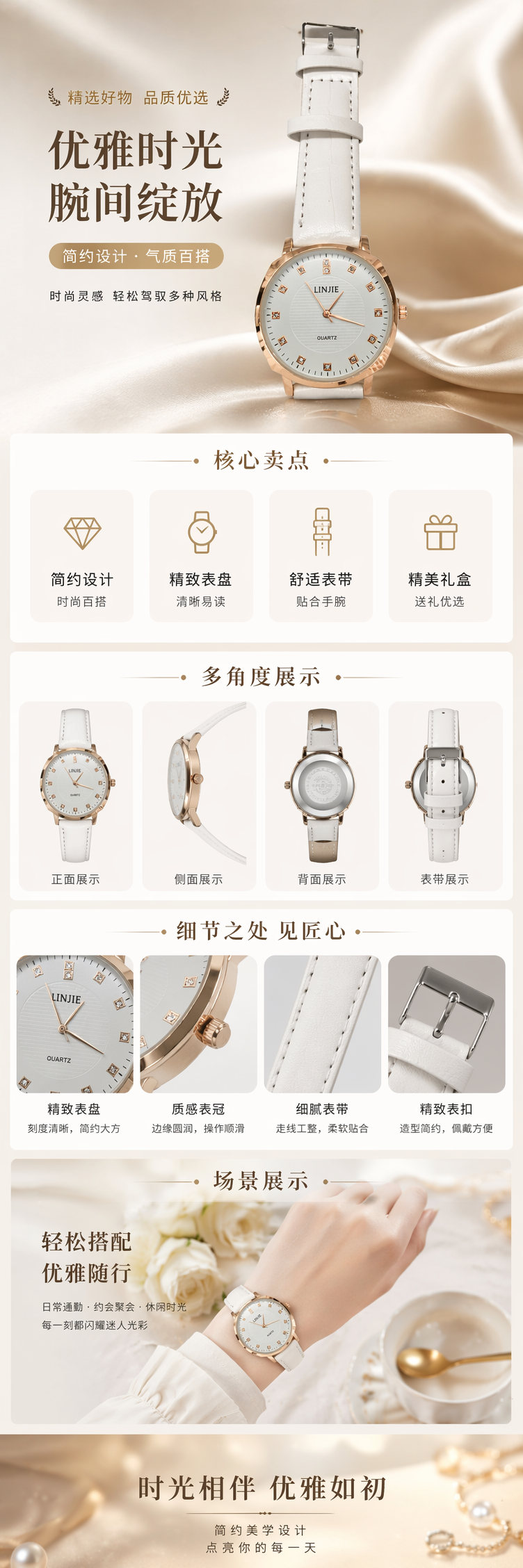 白色表带金色表壳女士石英手表简约时尚轻奢风 pic 1