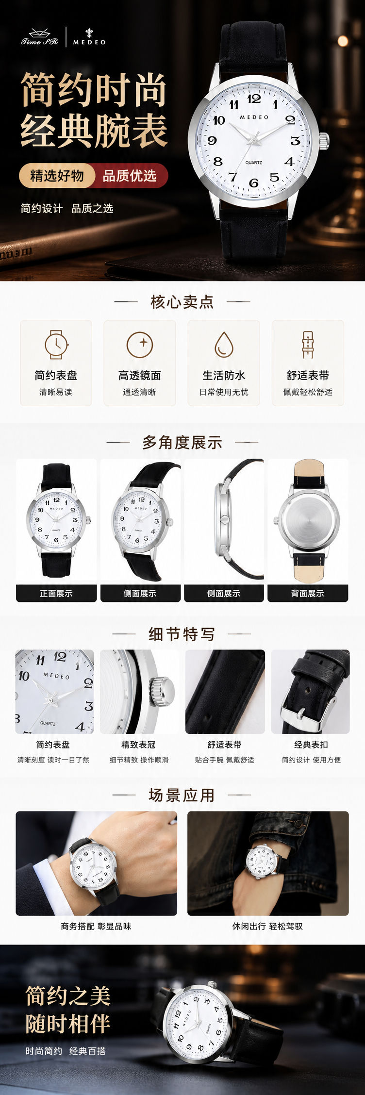 白色表盘黑色皮质表带男士石英手表详情1