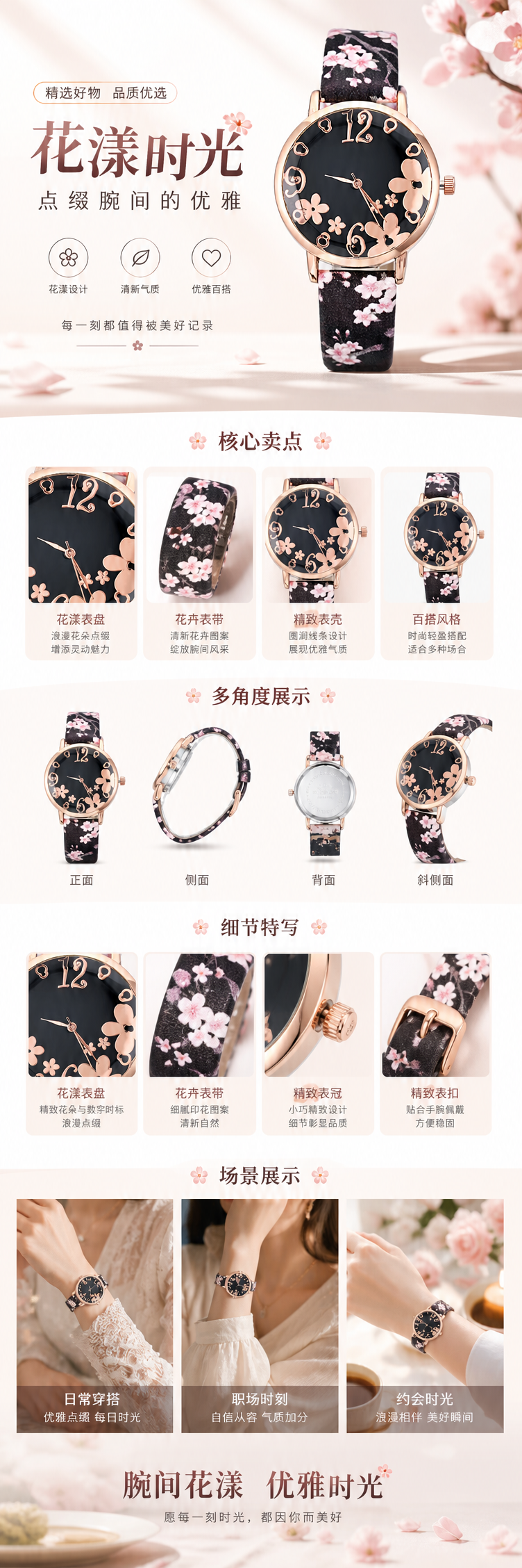 黑色表盘玫瑰金边框樱花图案手表配表带 pic 1