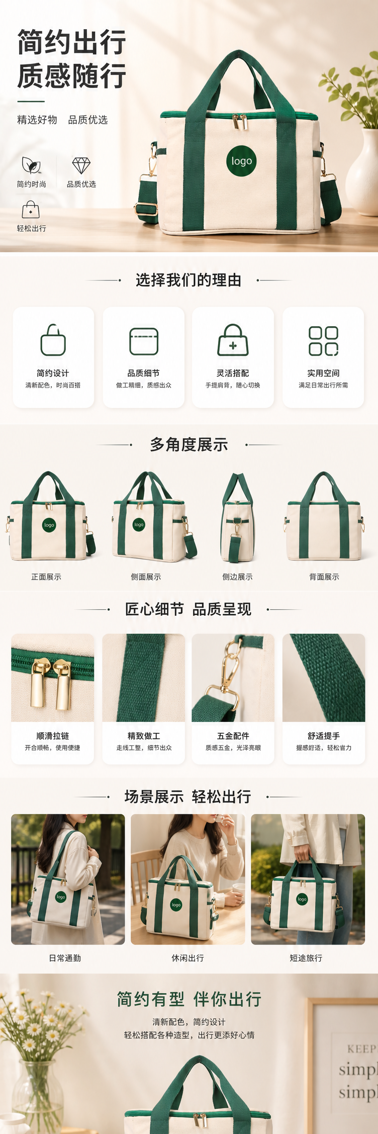 绿色提手米白色帆布包简约百搭手提购物袋 pic 1