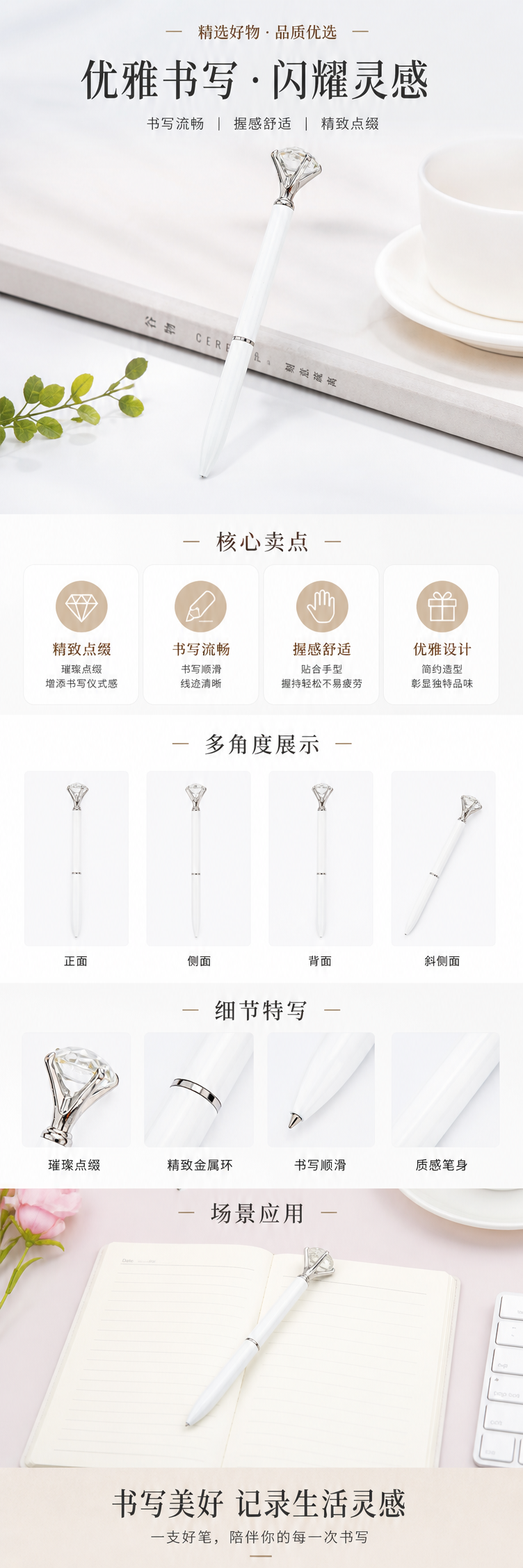 白色笔身钻石造型笔帽钢笔详情1