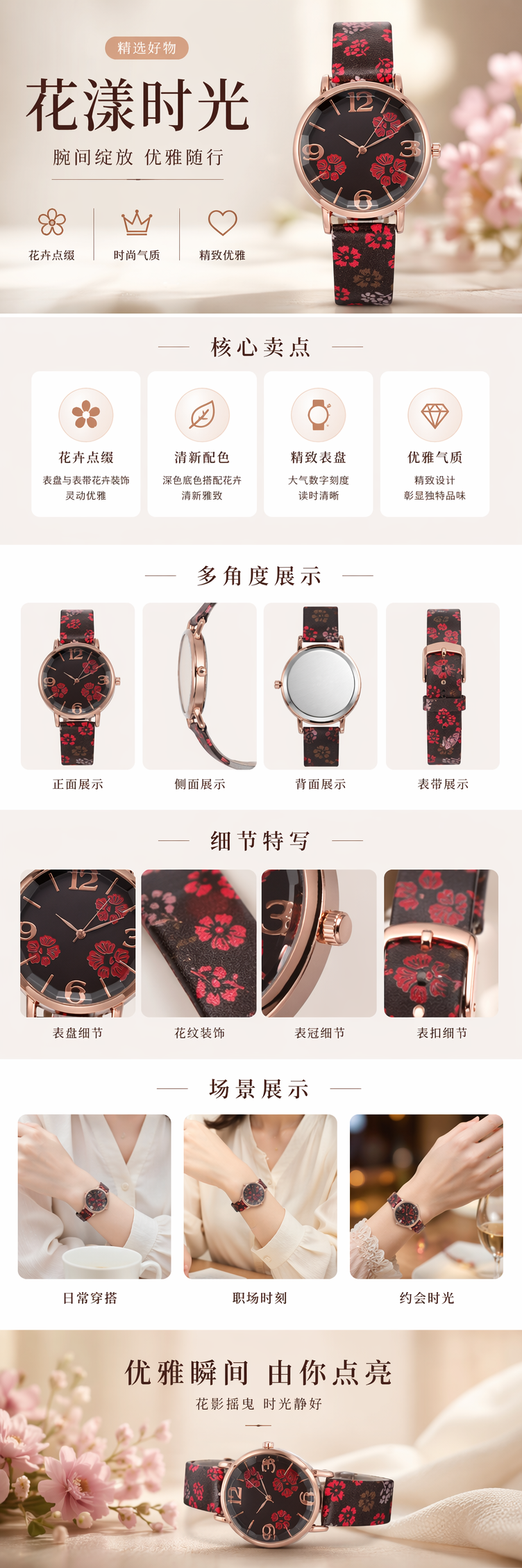 玫瑰金表壳黑色表盘红色花卉图案表带手表 pic 1