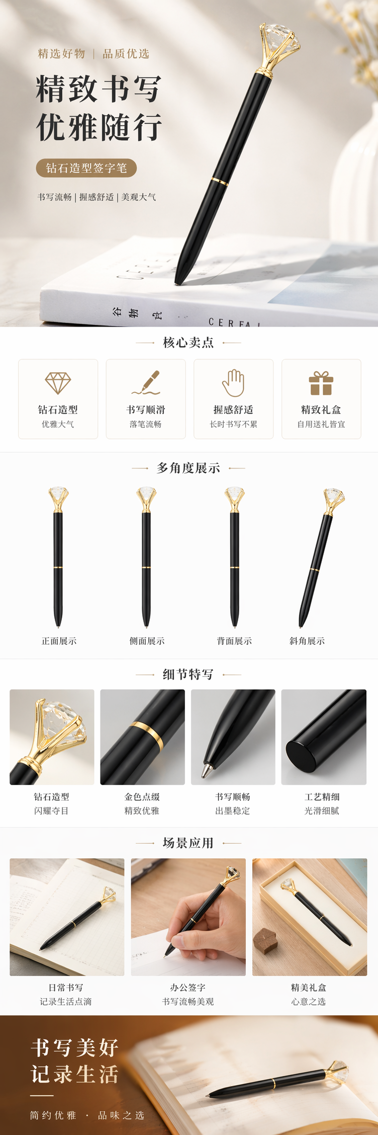 黑色钢笔金色镶钻笔帽商务签字笔金属质感书写流畅 pic 1