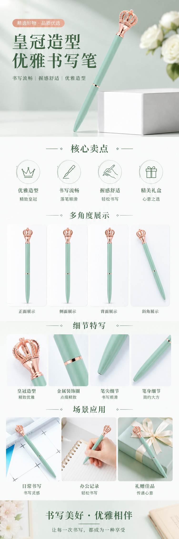 玫瑰金皇冠装饰薄荷绿笔 时尚创意办公文具 pic 1