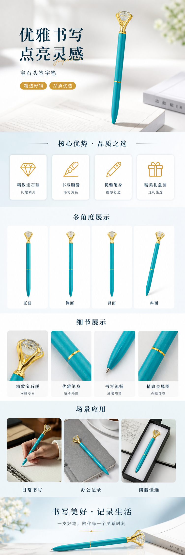 蓝色笔身钻石顶盖钢笔 书写流畅 金属质感 精致办公文具 pic 1