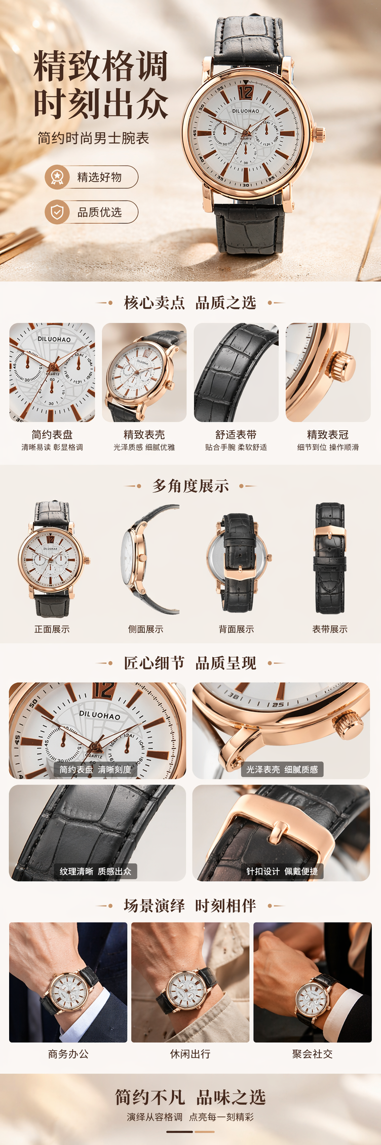 玫瑰金表壳黑色皮质表带白色表盘手表 pic 1