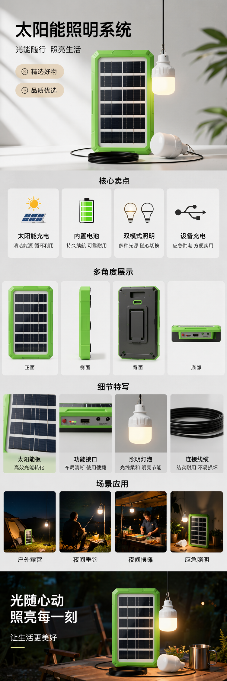 绿色太阳能充电宝配太阳能板悬挂灯泡便携户外电源详情1