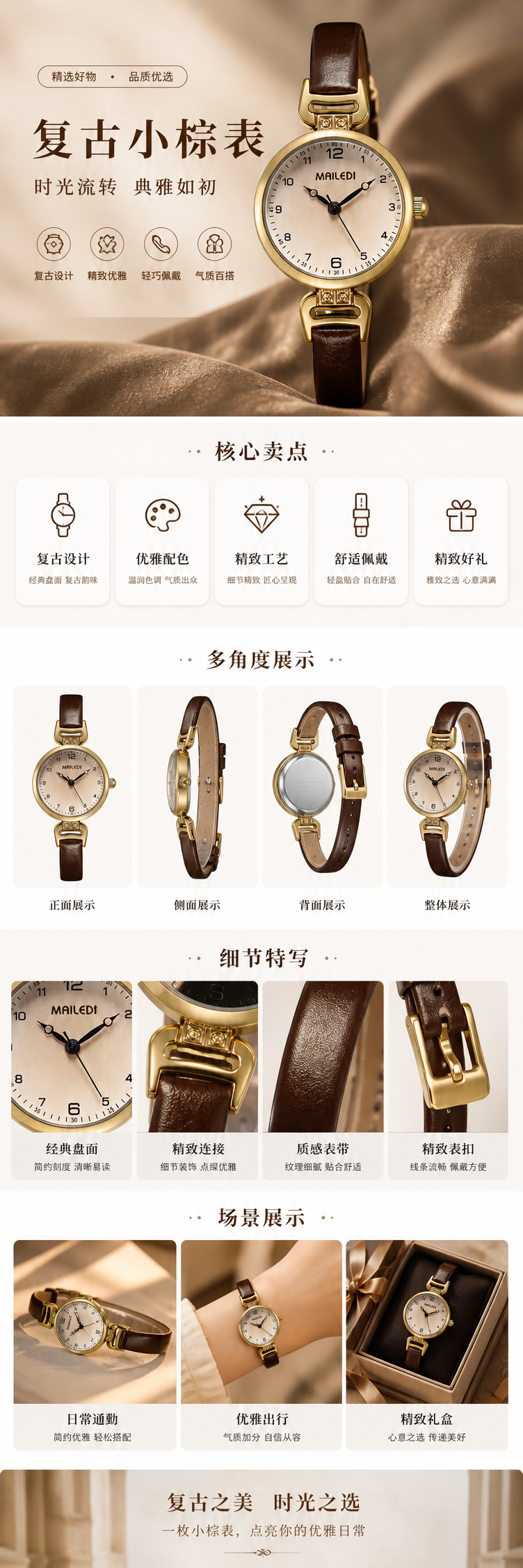 金色表壳棕色皮带男士手表简约商务休闲腕表 pic 1