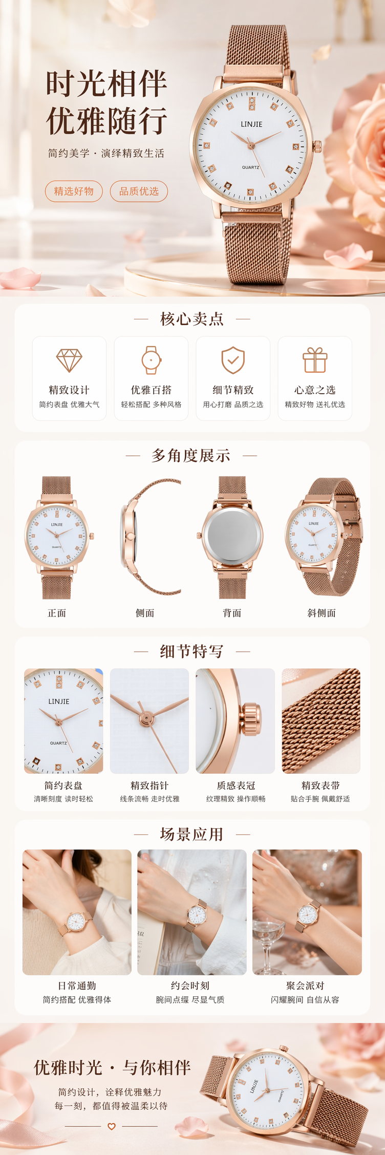 玫瑰金表带手表女士简约时尚石英表 pic 1