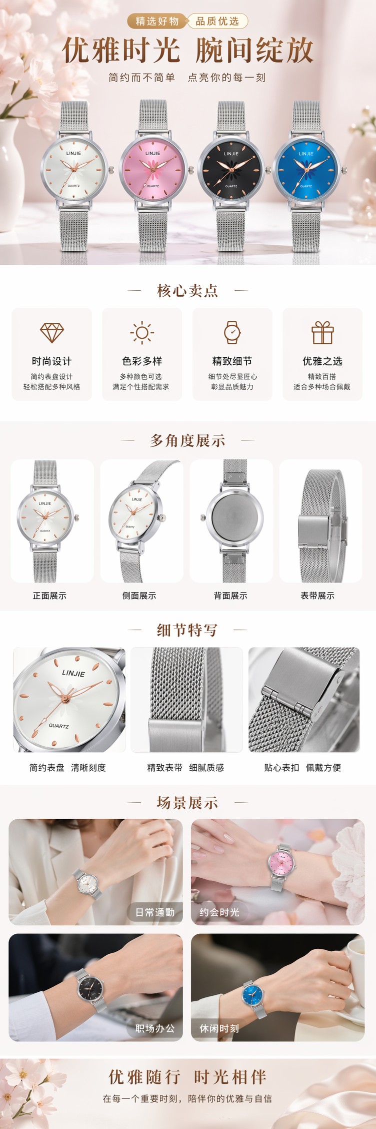 四款彩色表盘银色金属网带手表 pic 1