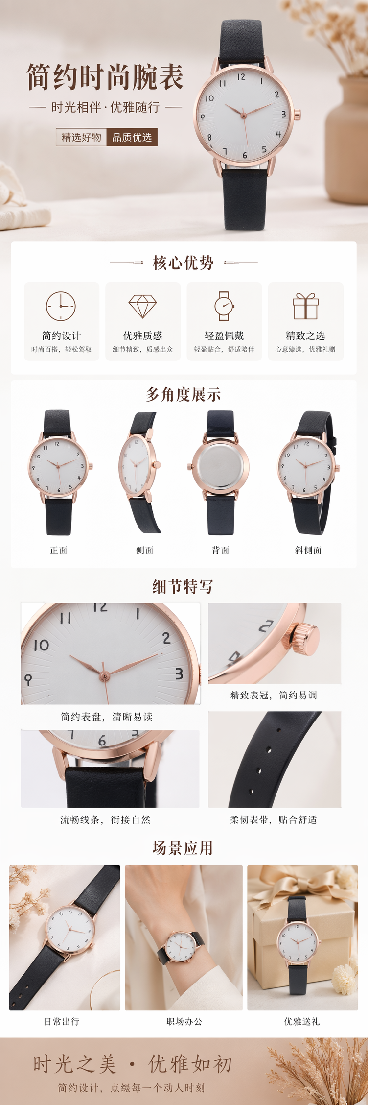 玫瑰金表壳黑色皮质表带白色表盘女士手表 pic 1
