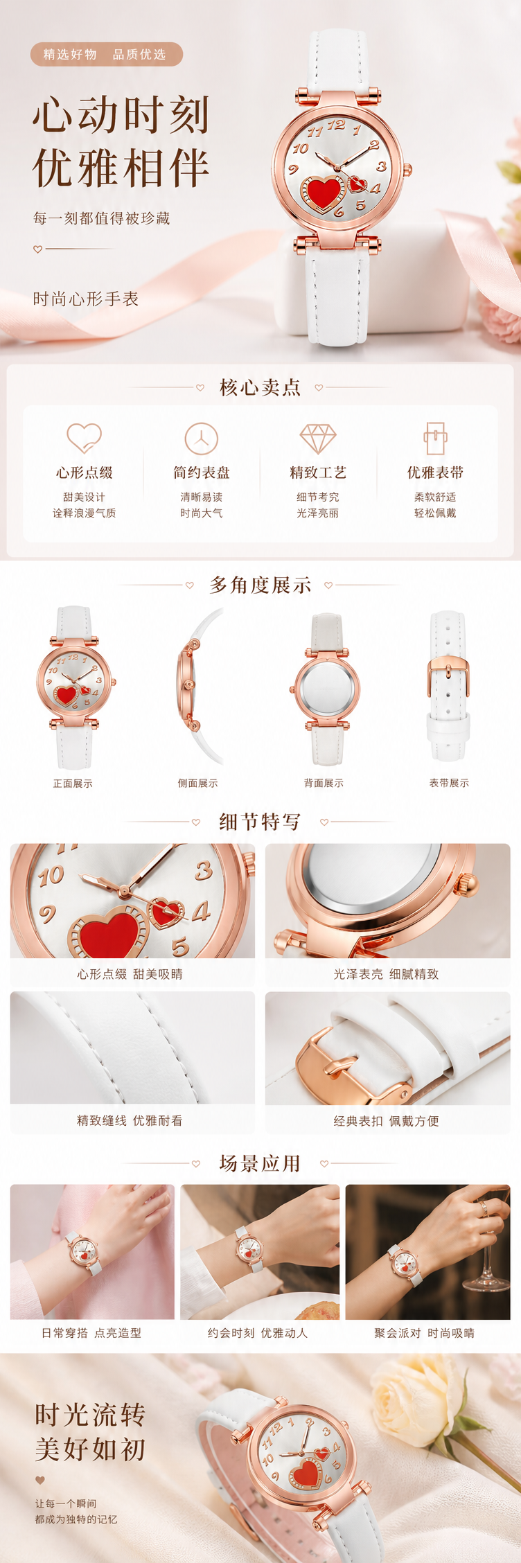 白色表带玫瑰金表壳银色表盘红色爱心装饰手表 pic 1