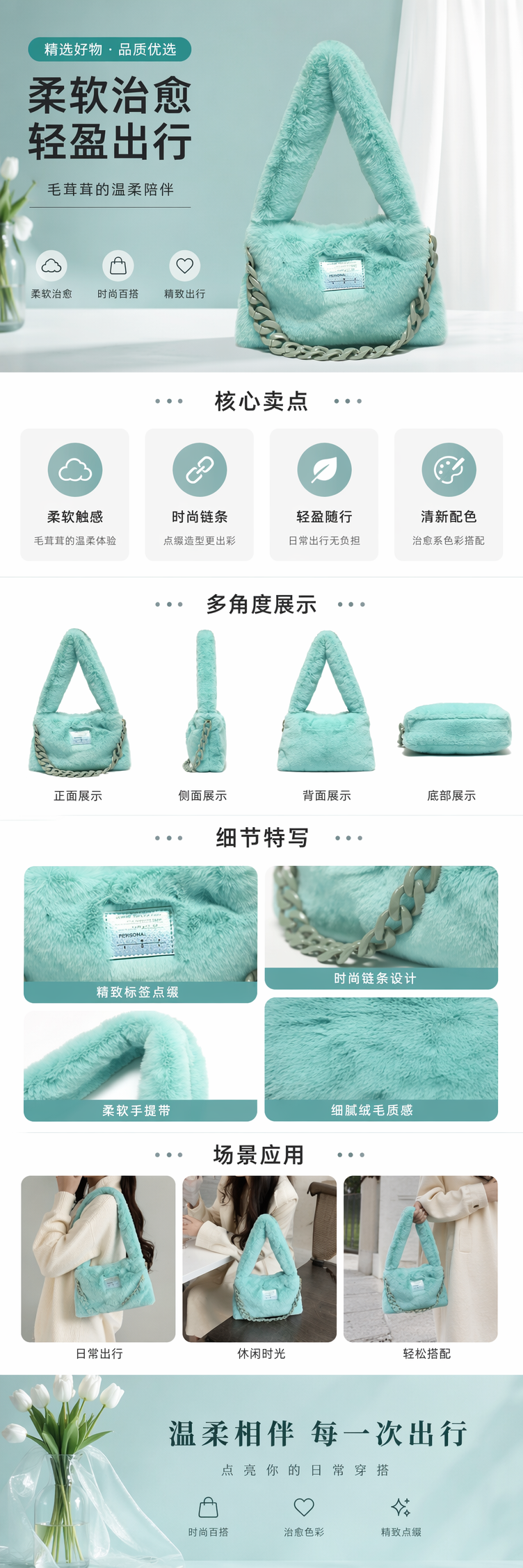 浅绿色毛绒手提包女士时尚百搭单肩包 pic 1