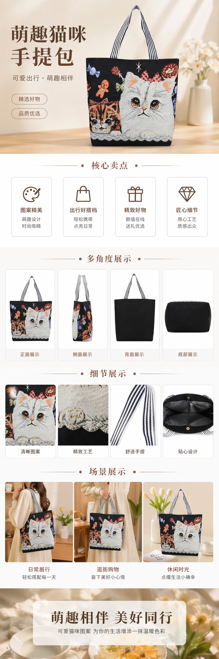 黑色猫主题手提包时尚简约女士单肩包 pic 1