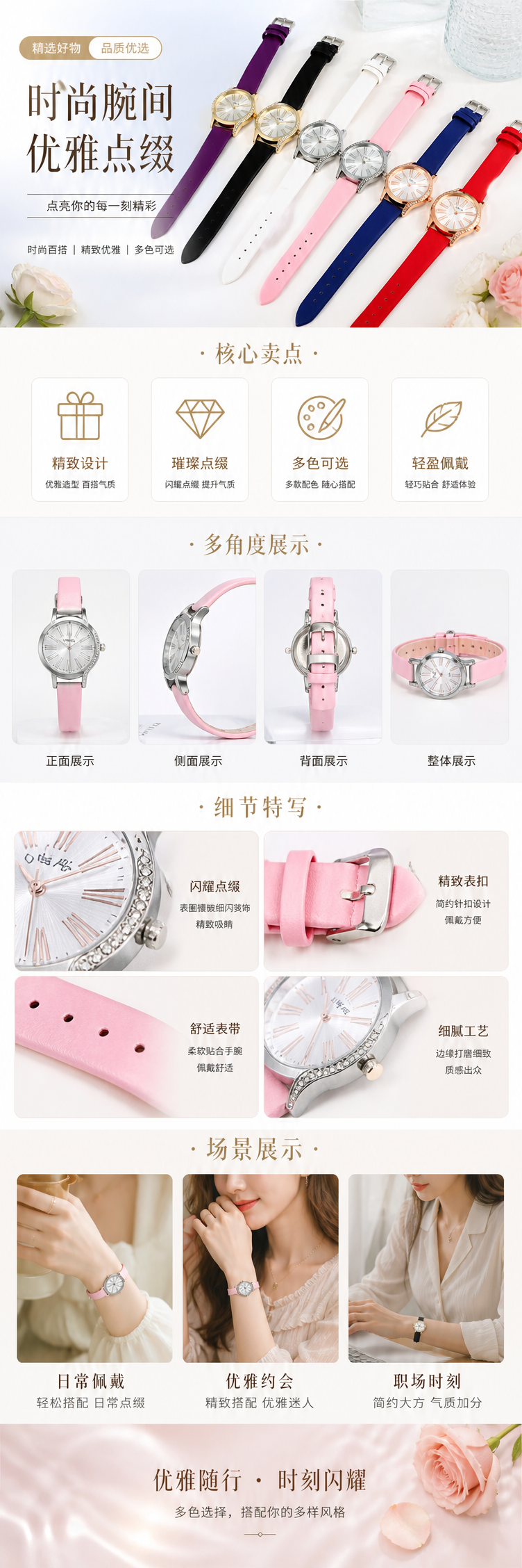 彩色皮质表带手表 时尚简约百搭男女同款真皮腕表 pic 1