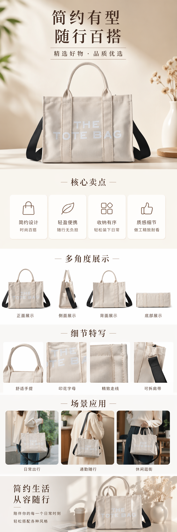 米色帆布托特包配黑色肩带白色字母印花详情1