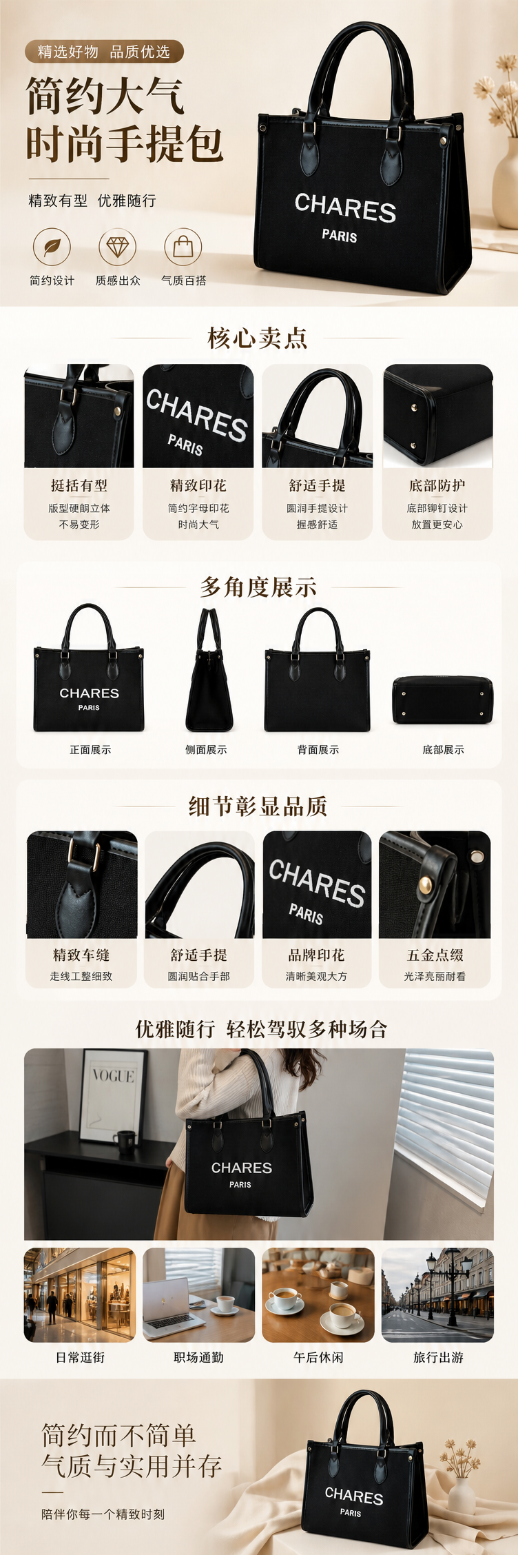 CHARES PARIS黑色手提包白色logo配黑皮提手米色沙发场景 pic 1