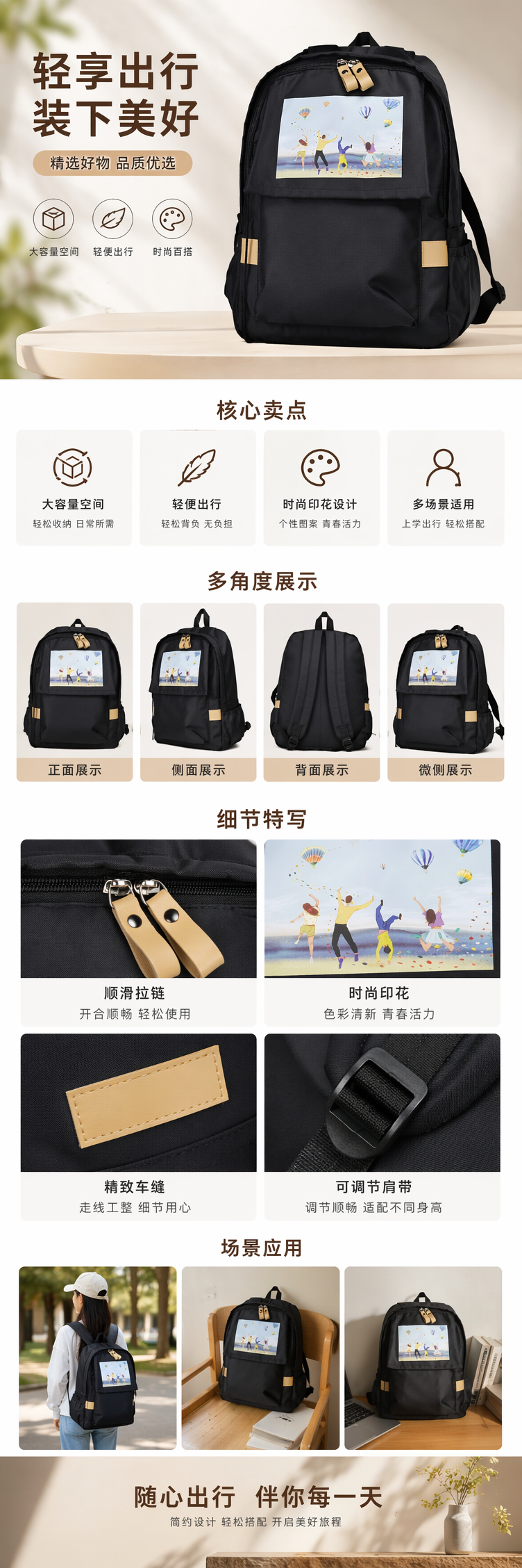 黑色简约商务休闲背包 轻便耐磨大容量通勤学生用 pic 1