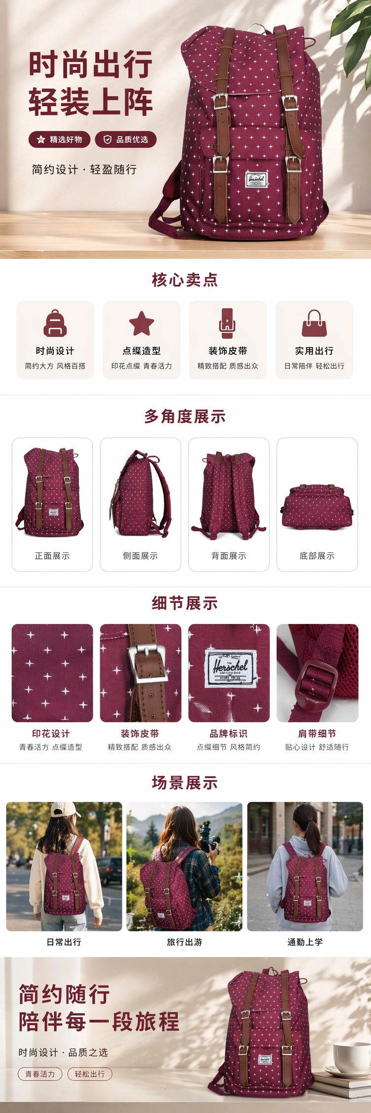 酒红色带白星图案双肩包时尚休闲大容量学生通勤背包 pic 1
