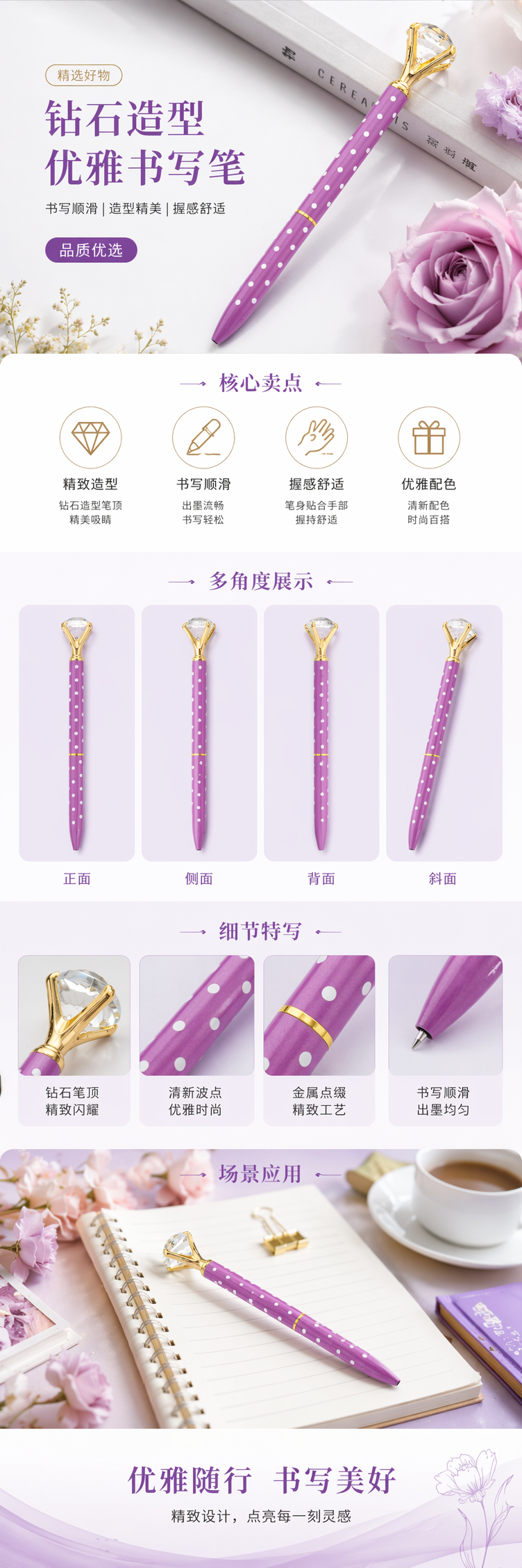紫色波点笔身配钻石笔帽中性笔 pic 1