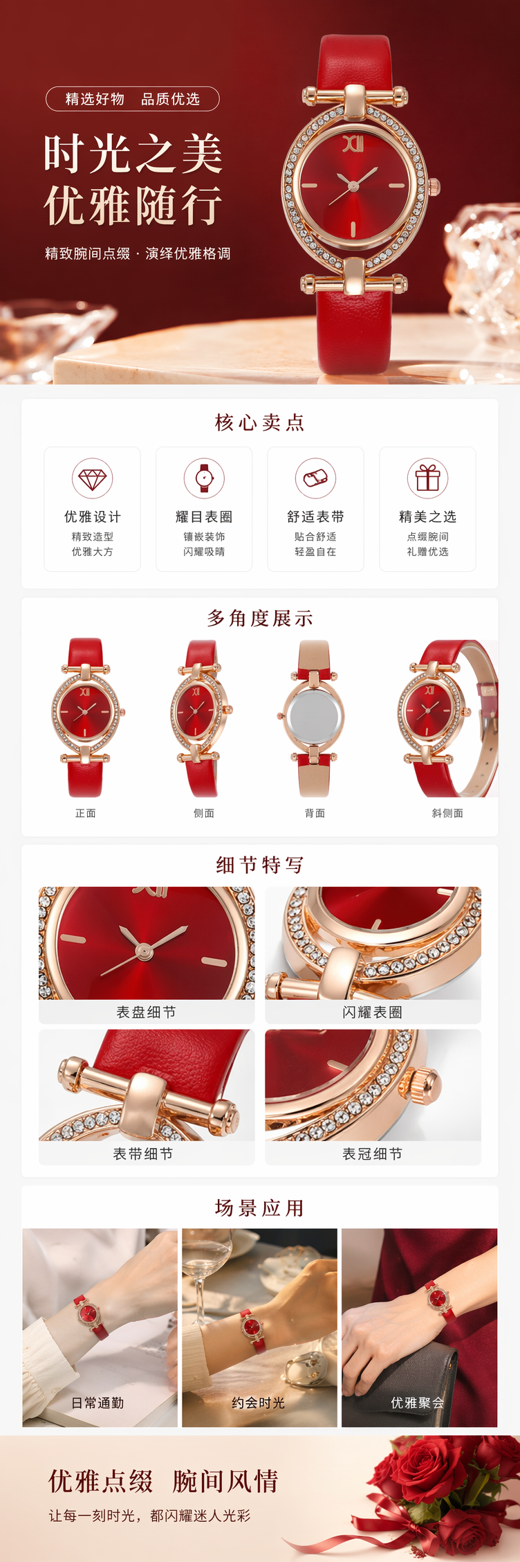 红色表带玫瑰金镶钻手表女士时尚轻奢石英表 pic 1