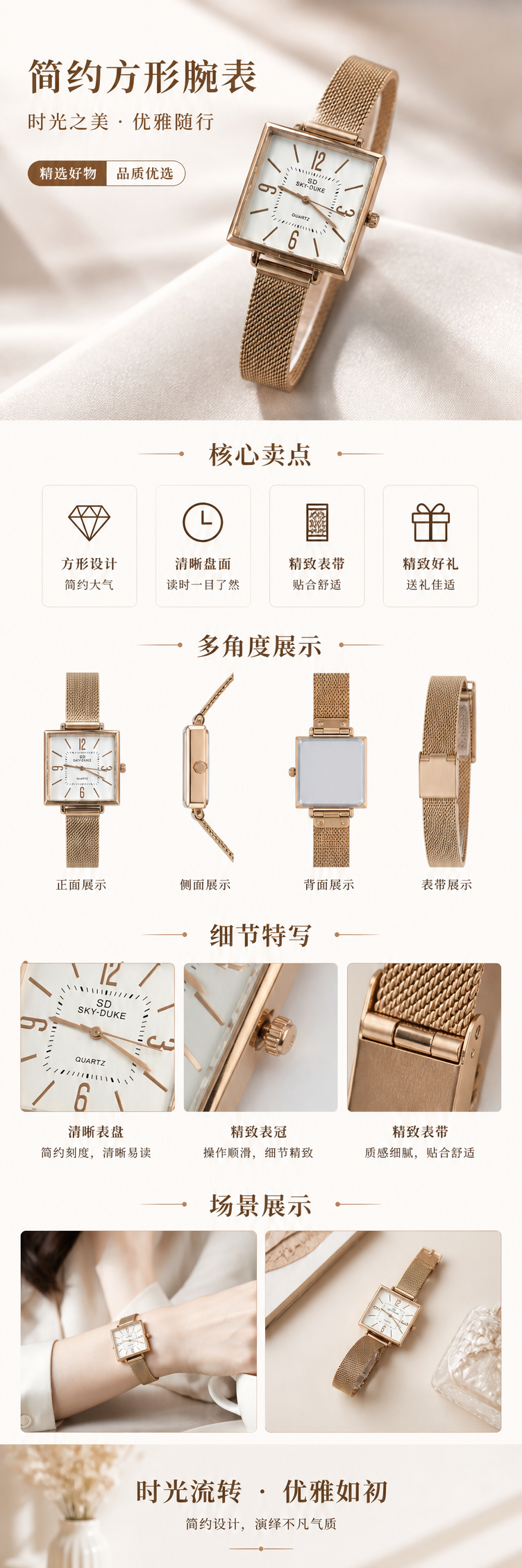 金色方形手表 不锈钢表壳 38mm商务休闲女表 pic 1