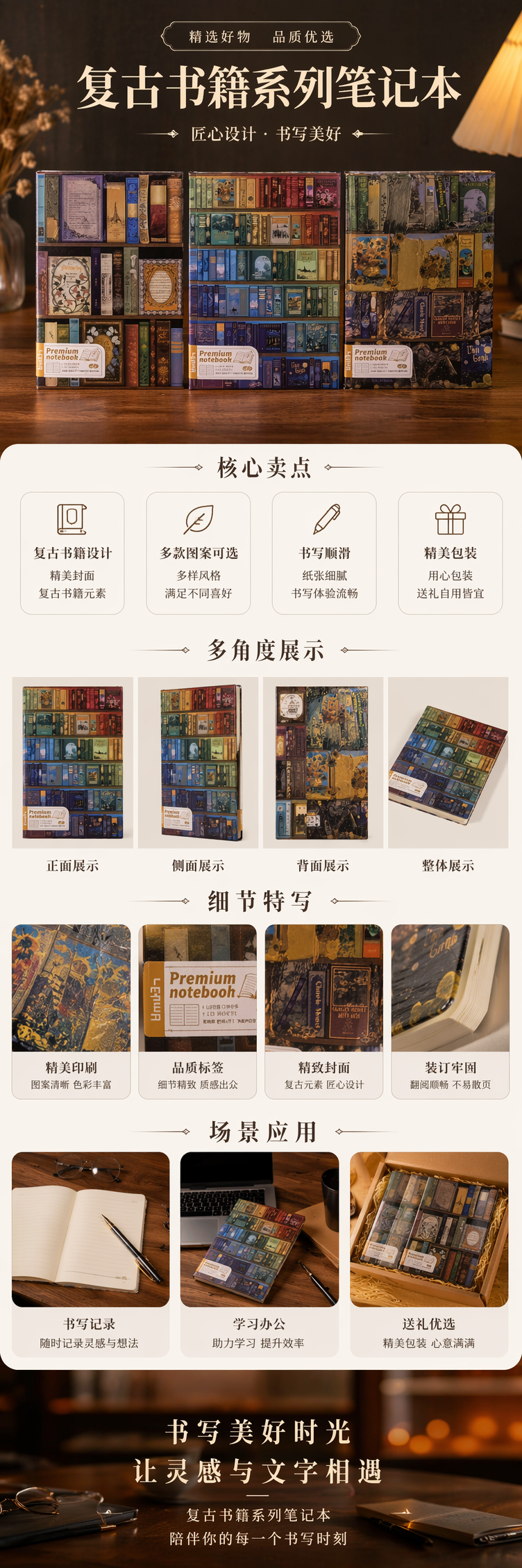 三本精装笔记本 封面书架与名画图案 学生办公手账本 pic 1