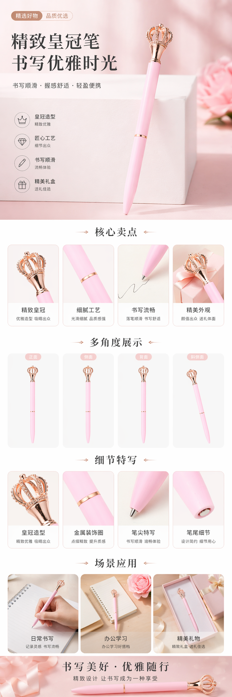 粉色皇冠金属质感签字笔 办公学习用顺滑速干中性笔 pic 1