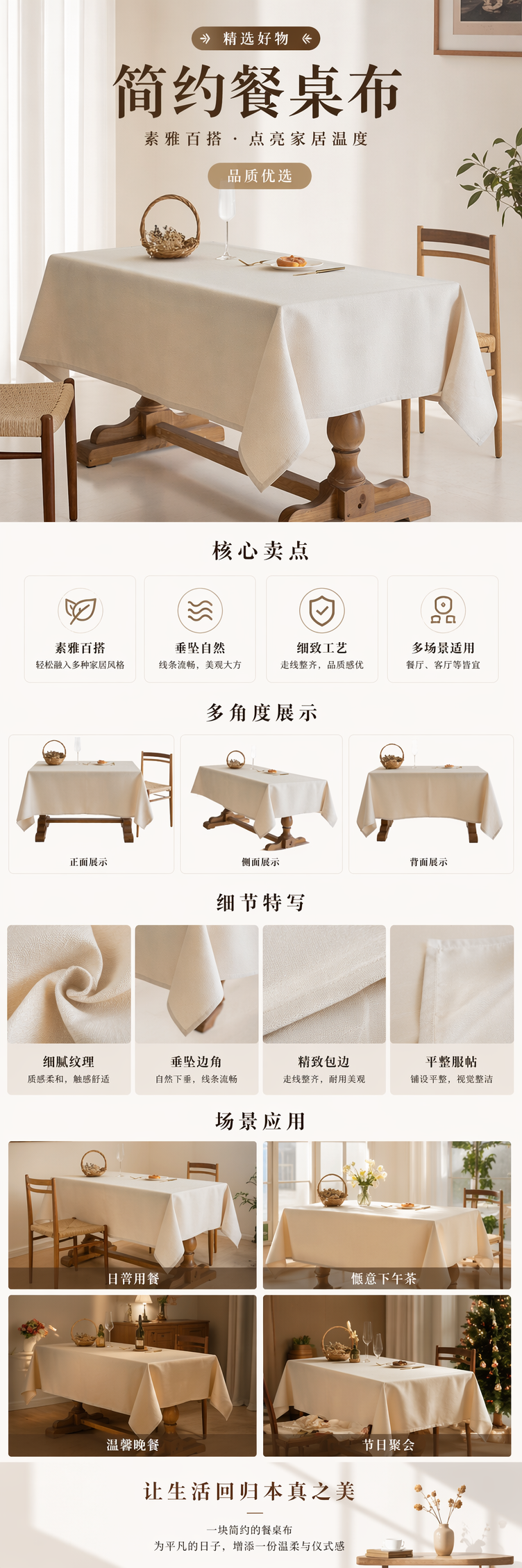 米白色餐桌专用桌布 防水防油加厚棉麻材质详情1