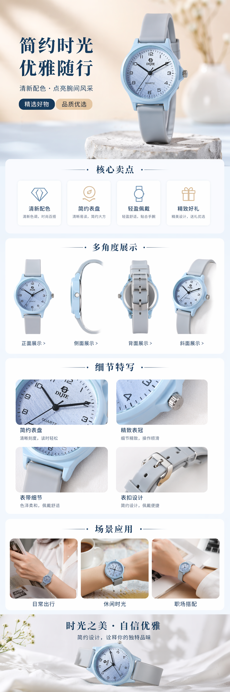 浅蓝色表壳灰色表带男士石英手表 pic 1