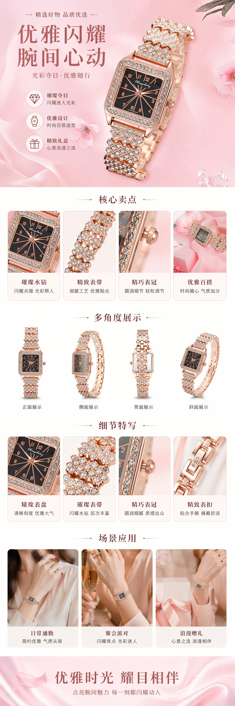 玫瑰金镶钻方形手表女士时尚轻奢简约百搭 pic 1