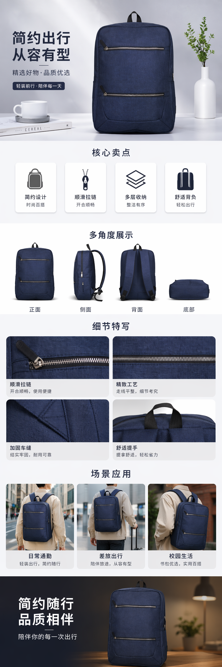 深蓝色简约商务休闲背包男女通用大容量轻便 pic 1
