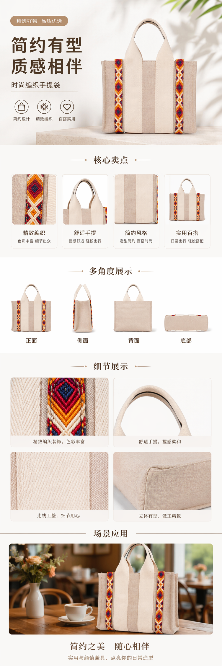 米色帆布手提包 两侧橙红蓝几何图案织带 pic 1