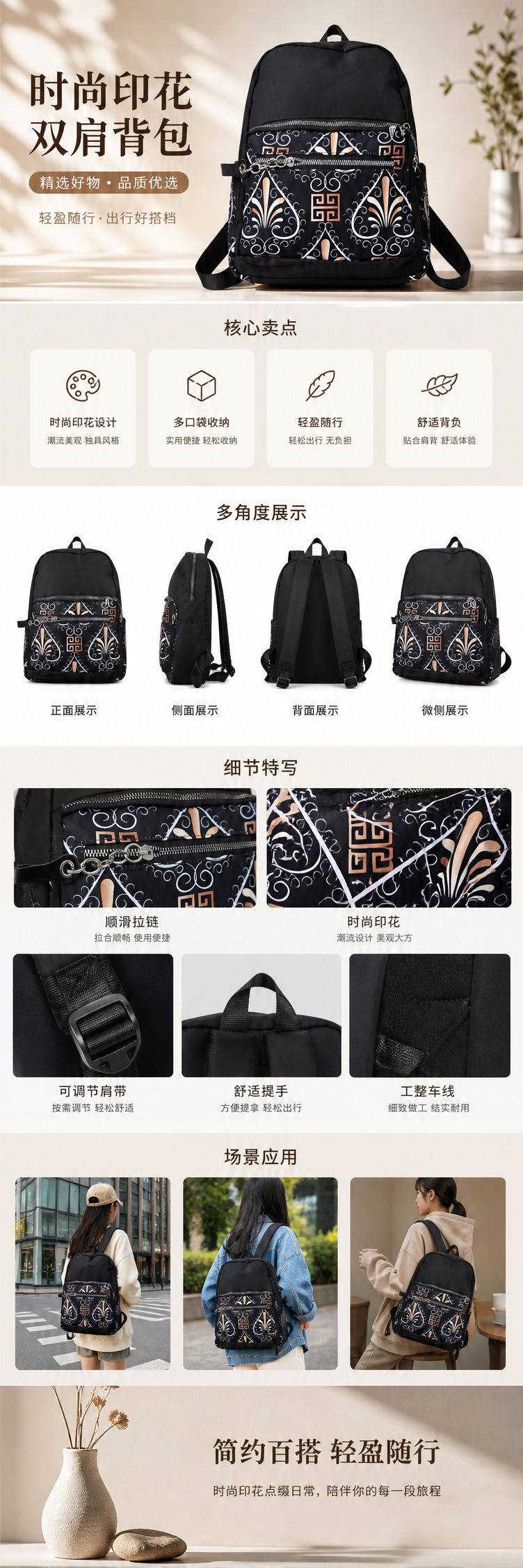 黑色印花双肩包时尚休闲大容量学生通勤背包 pic 1