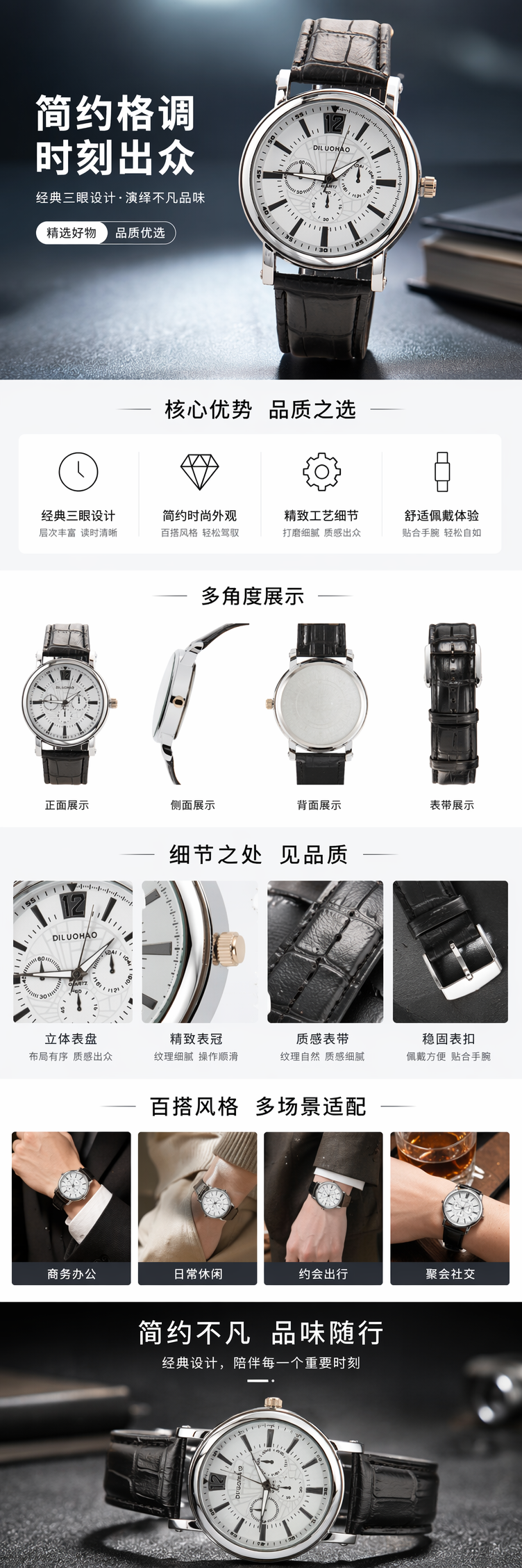 银色表壳黑色皮质表带白色表盘男士手表 pic 1