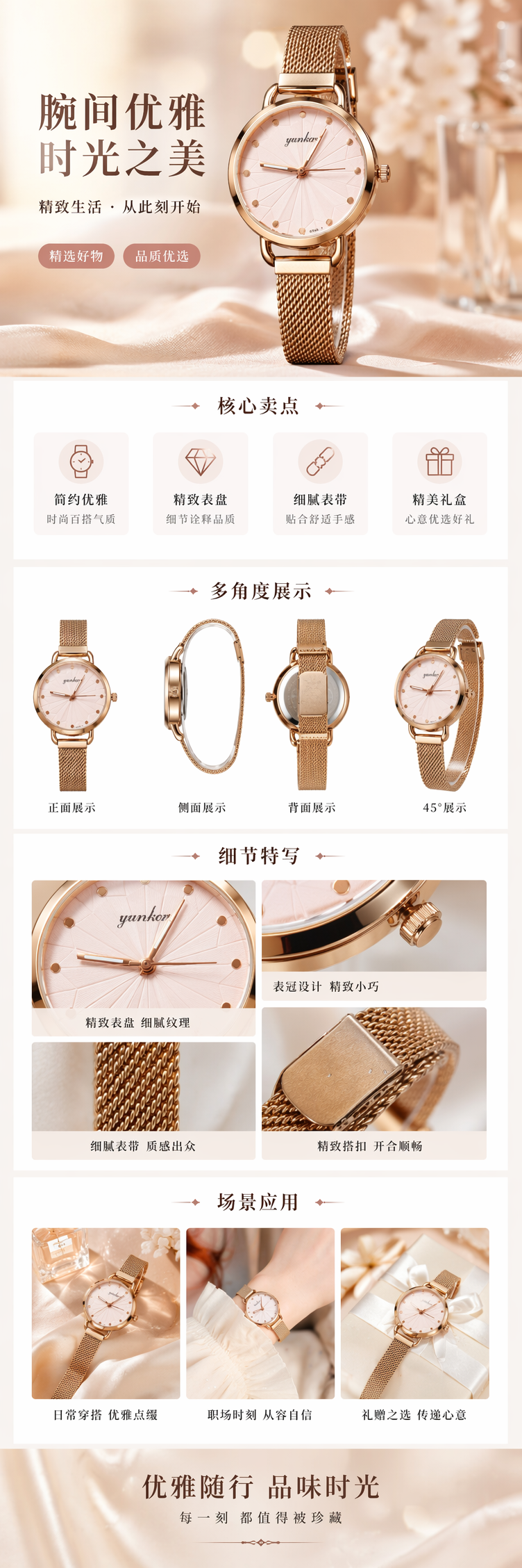 金色表壳表带手表 时尚简约石英女表 精钢材质防水设计详情1