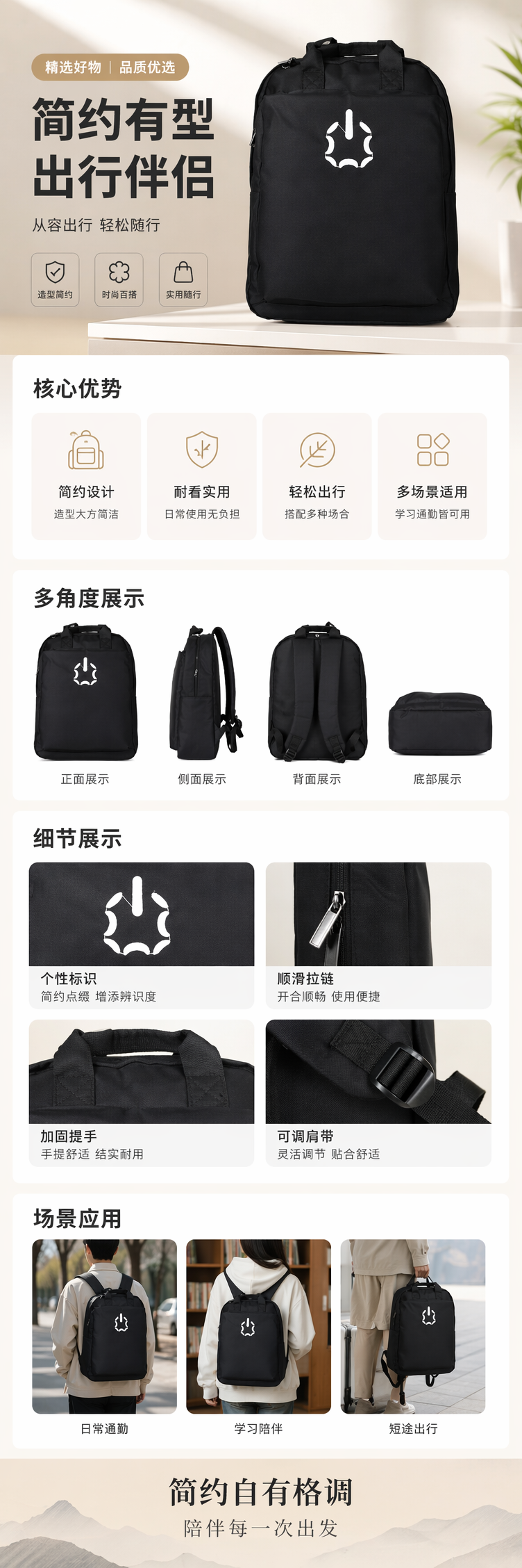 黑色背包正面白色抽象图案简约时尚通勤双肩包 pic 1