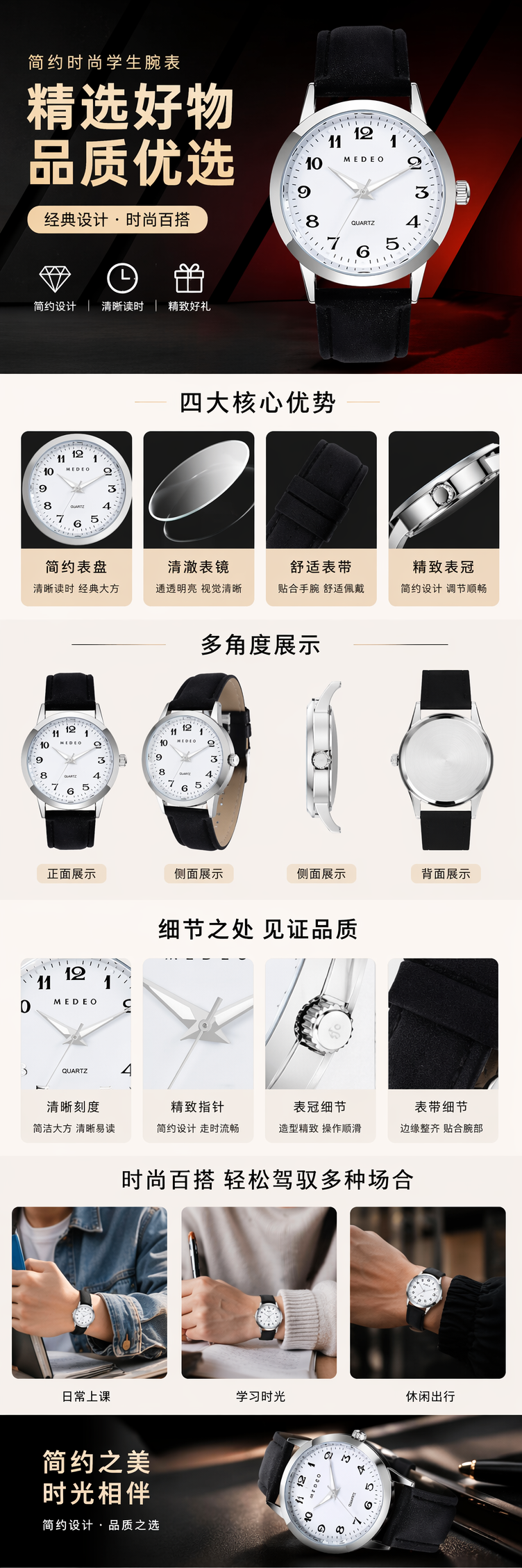 银色表壳白色表盘黑色皮质表带男士手表 pic 1