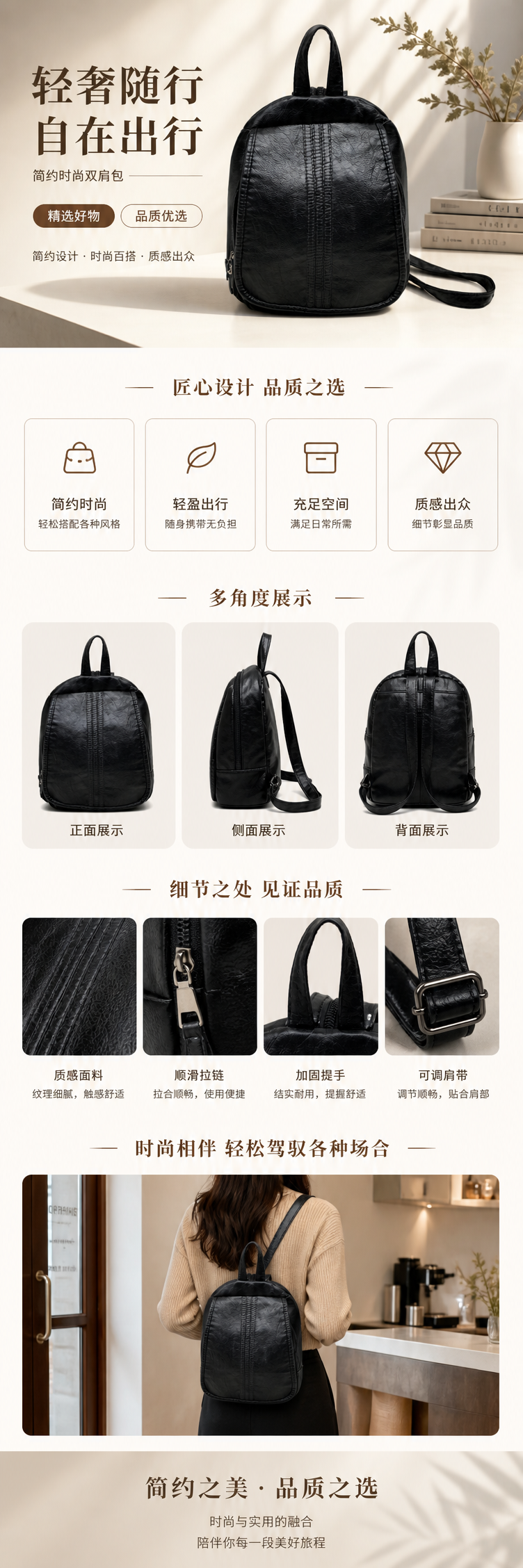 黑色皮质双肩包简约商务大容量轻便耐磨学生通勤 backpack pic 1