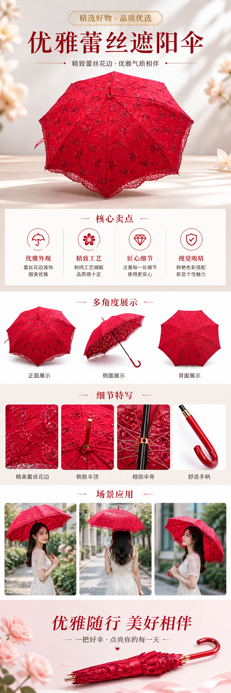 Red lace embroidered umbrella for both weather and rain, waterproof, sun-proof, lightweight and foldable, a special umbrella for women pic 1