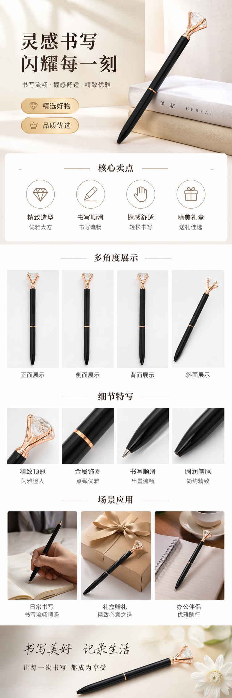 黑色镶玫瑰金钻石笔帽钢笔 pic 1