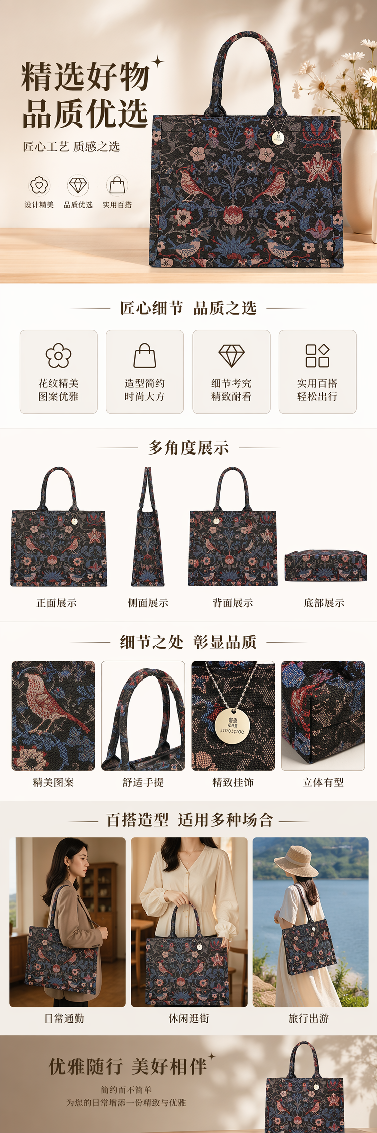 深色花卉鸟纹手提包女士时尚通勤单肩包 pic 1