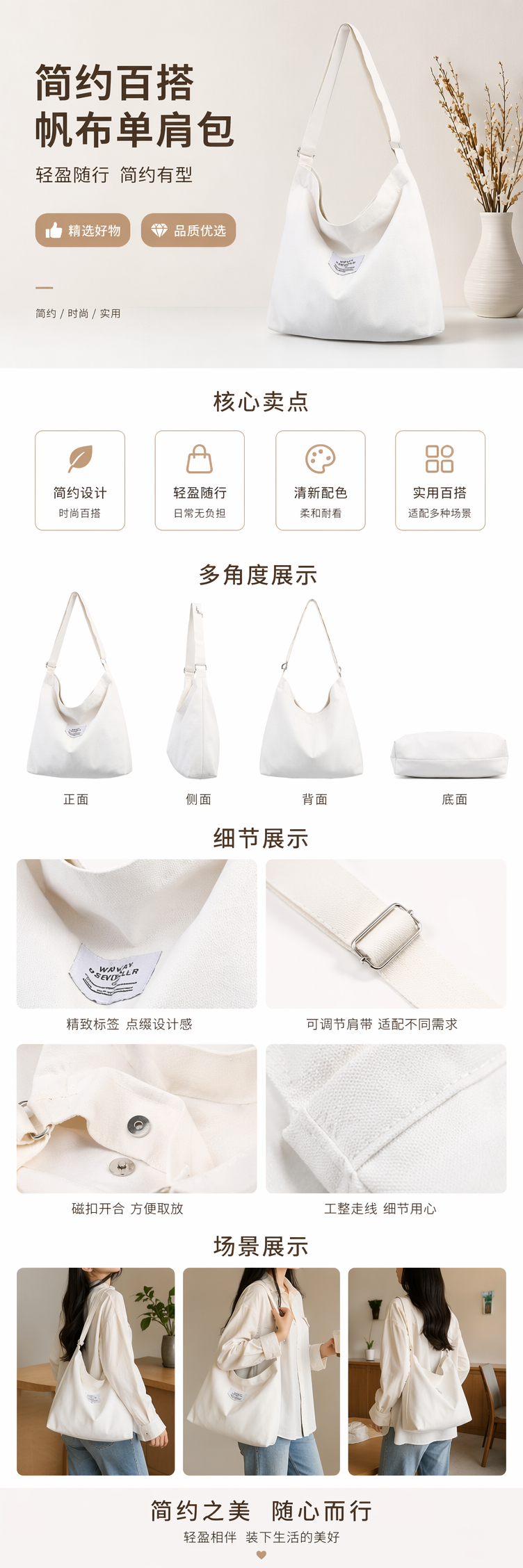 白色帆布斜挎包简约百搭轻便通勤休闲单肩包 pic 1