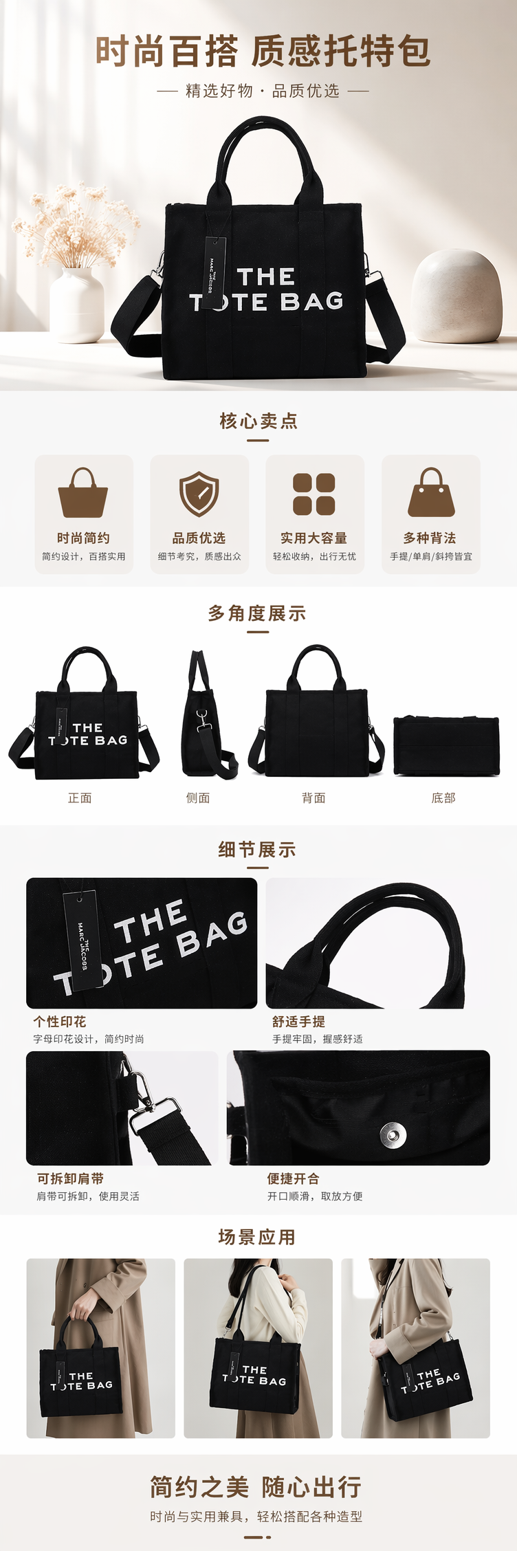 黑色THE TOTE BAG托特包双提手可拆卸肩带品牌标签 pic 1