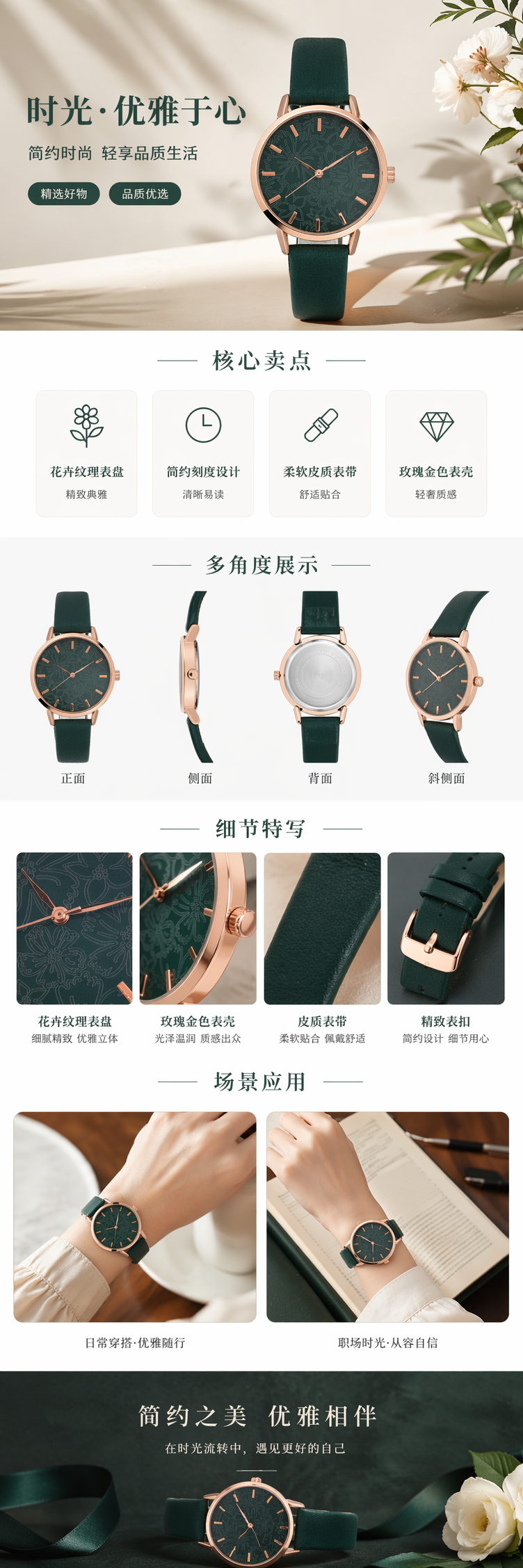 绿色表带玫瑰金边框女士石英手表详情1