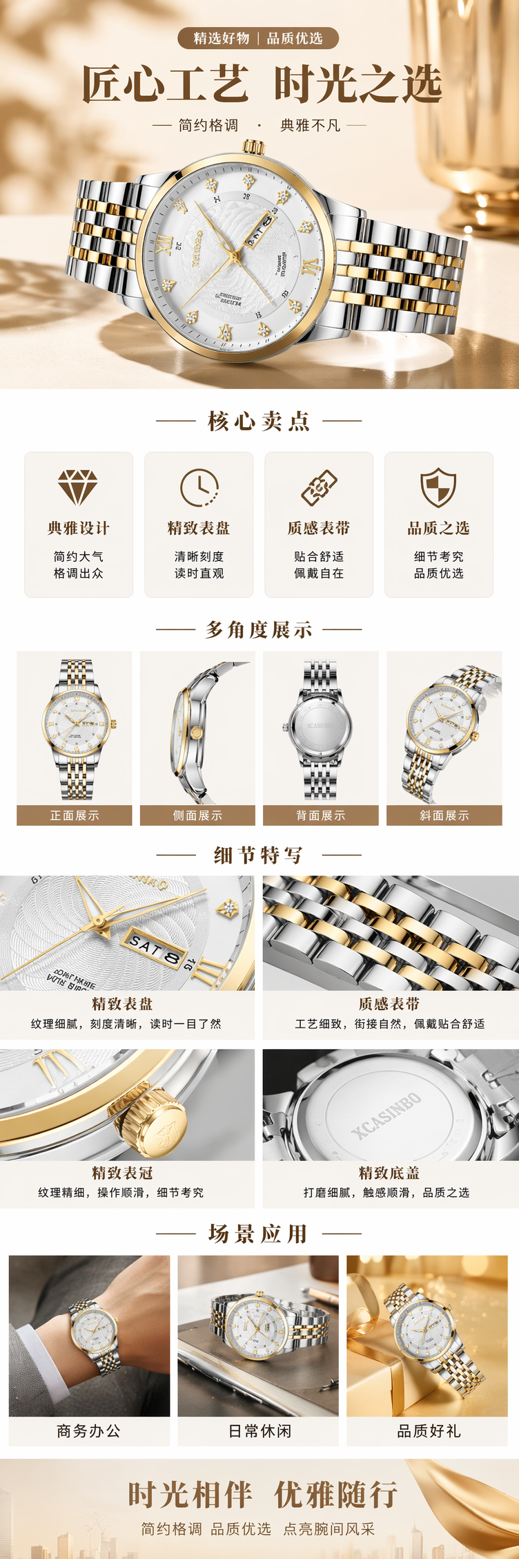 金色表圈白色表盘银金双色金属表带手表 pic 1