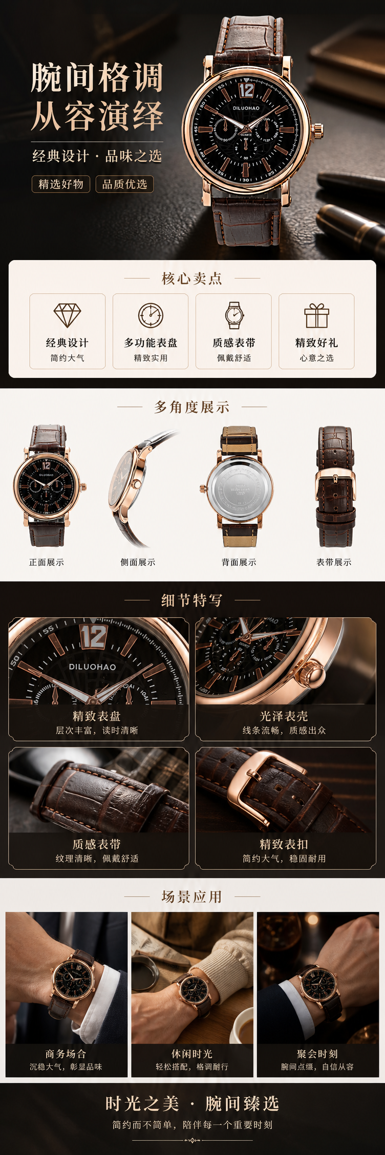 玫瑰金表壳黑色表盘棕色皮质表带手表详情1