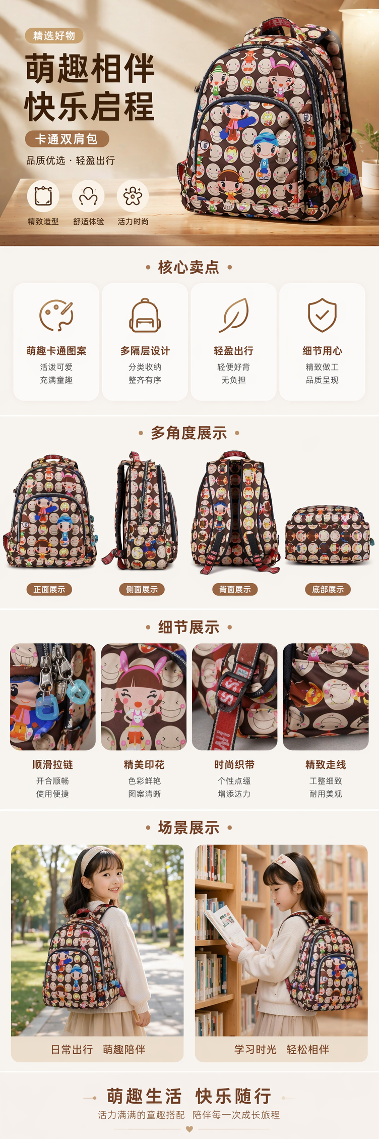 棕色卡通图案双肩包学生通勤轻便大容量时尚休闲 pic 1