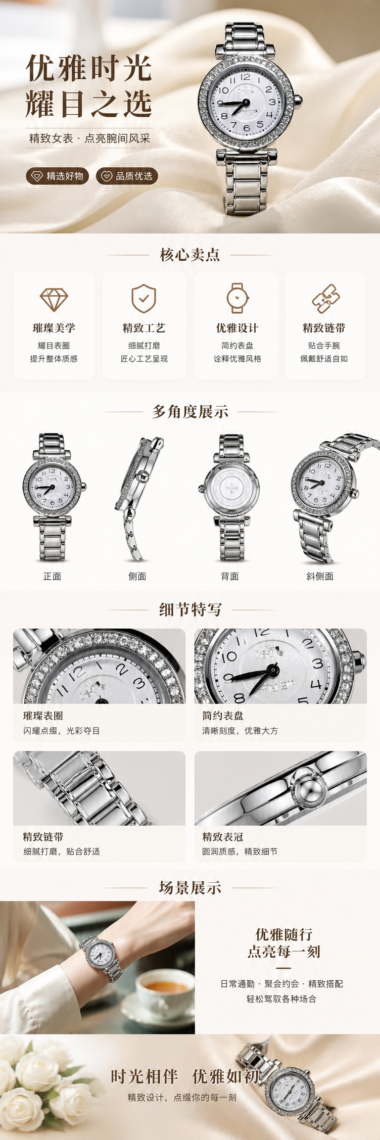 银色镶钻手表女士时尚腕表佩戴于手腕上 pic 1