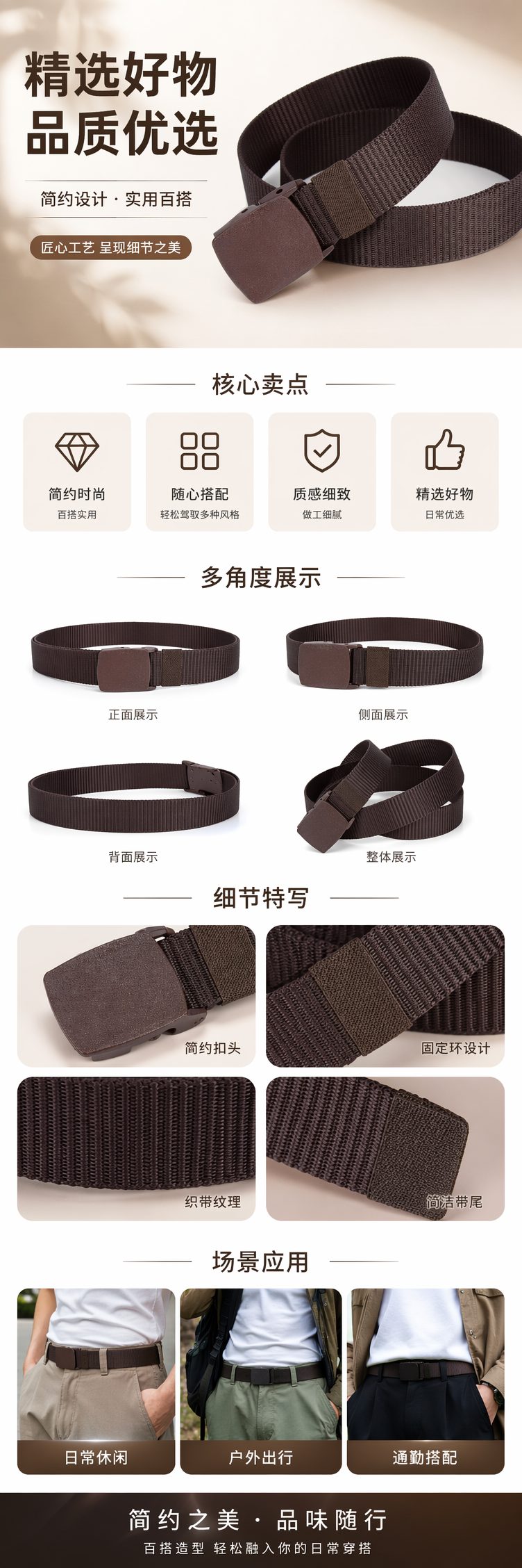 棕色织物腰带男女士通用简约百搭时尚腰带详情1